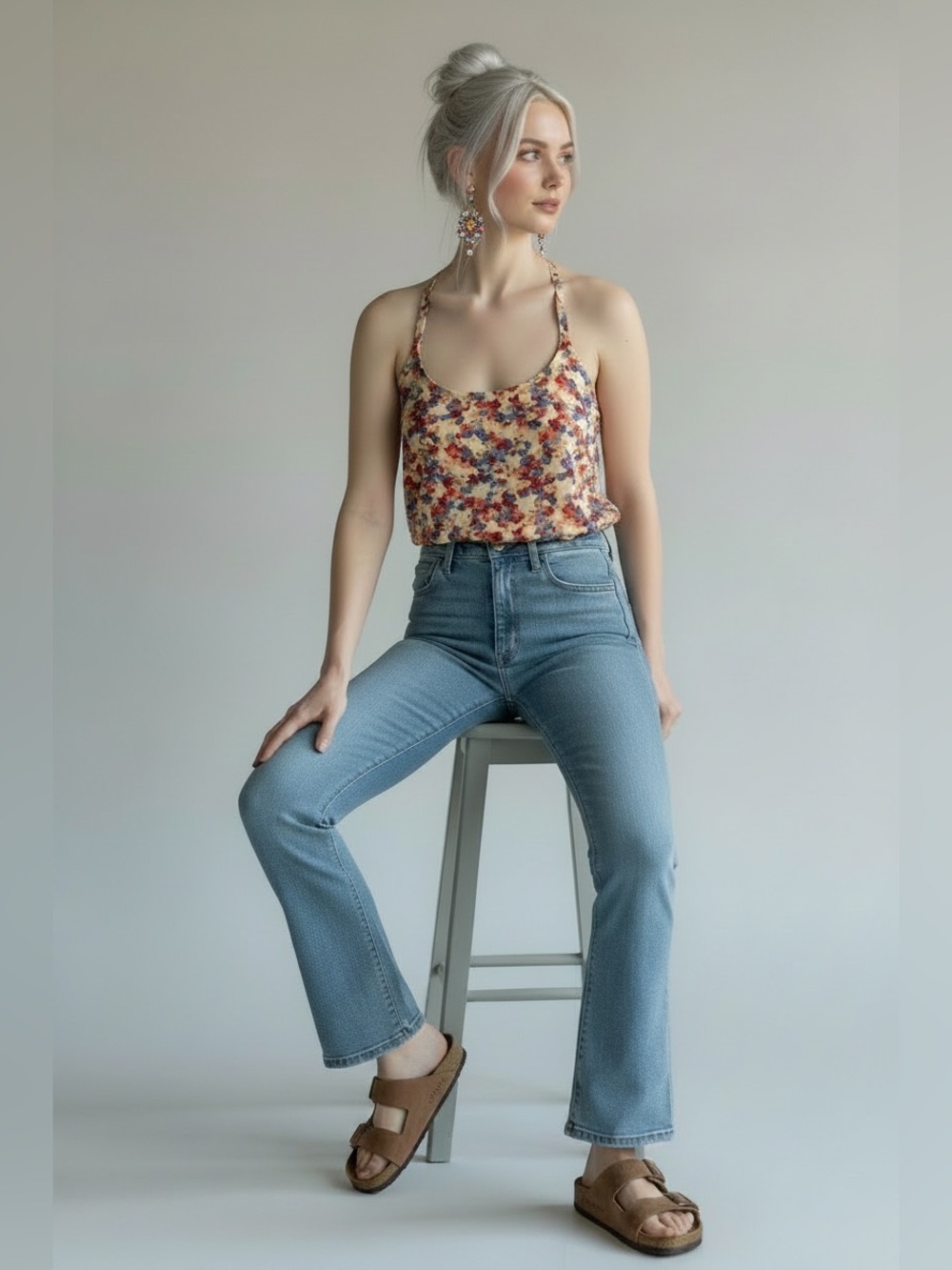 Soprano Multicolor Floral Scoop Neck Cami - Red, Blue, Cream